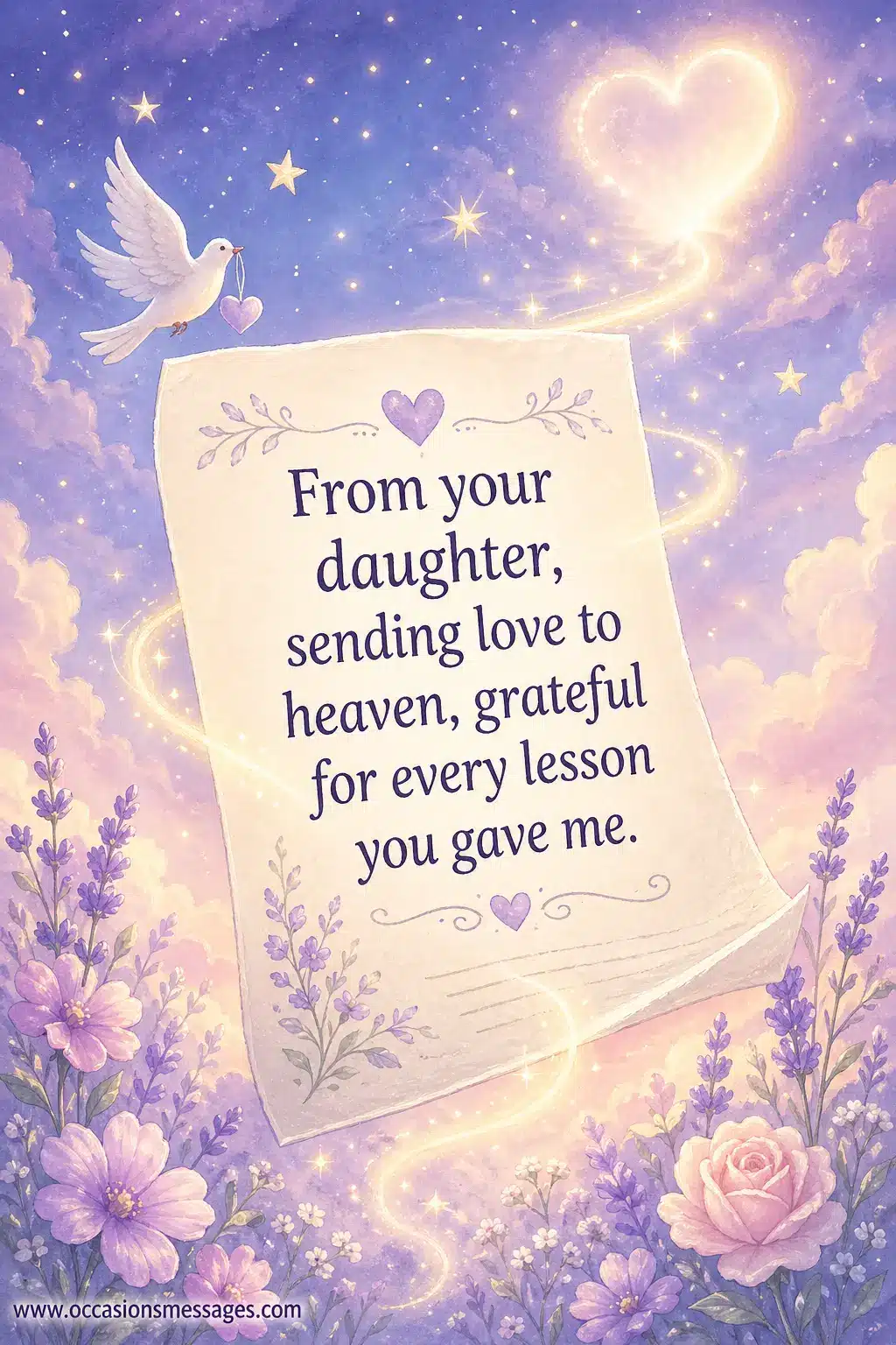 A pastel illustration of a letter floating to heaven surrounded by stars and flowers, expressing gratitude from a daughter.