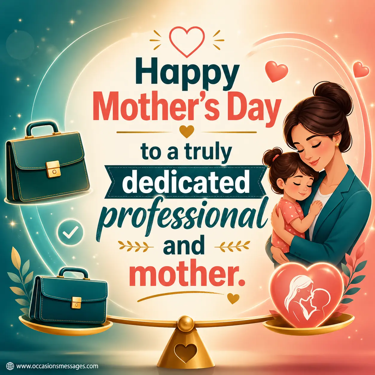 Modern cartoon illustration symbolizing balance between career and motherhood with abstract icons and a professional appreciation quote.