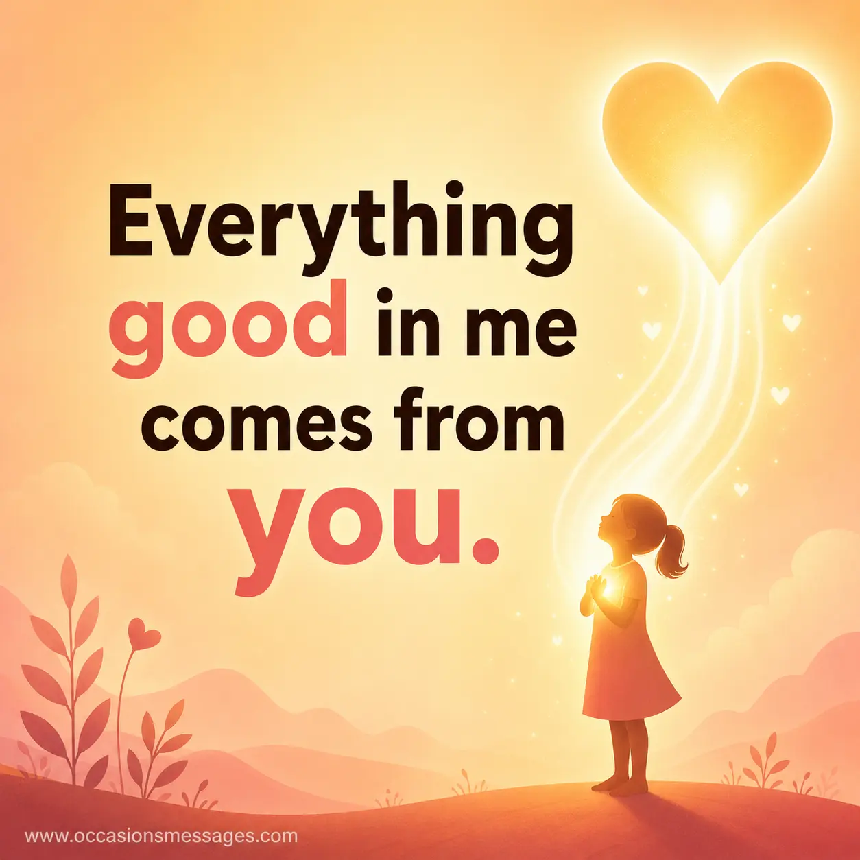 A minimal glowing heart illustration symbolizing positive influence and gratitude, paired with a heartfelt quote about goodness coming from a mother figure.