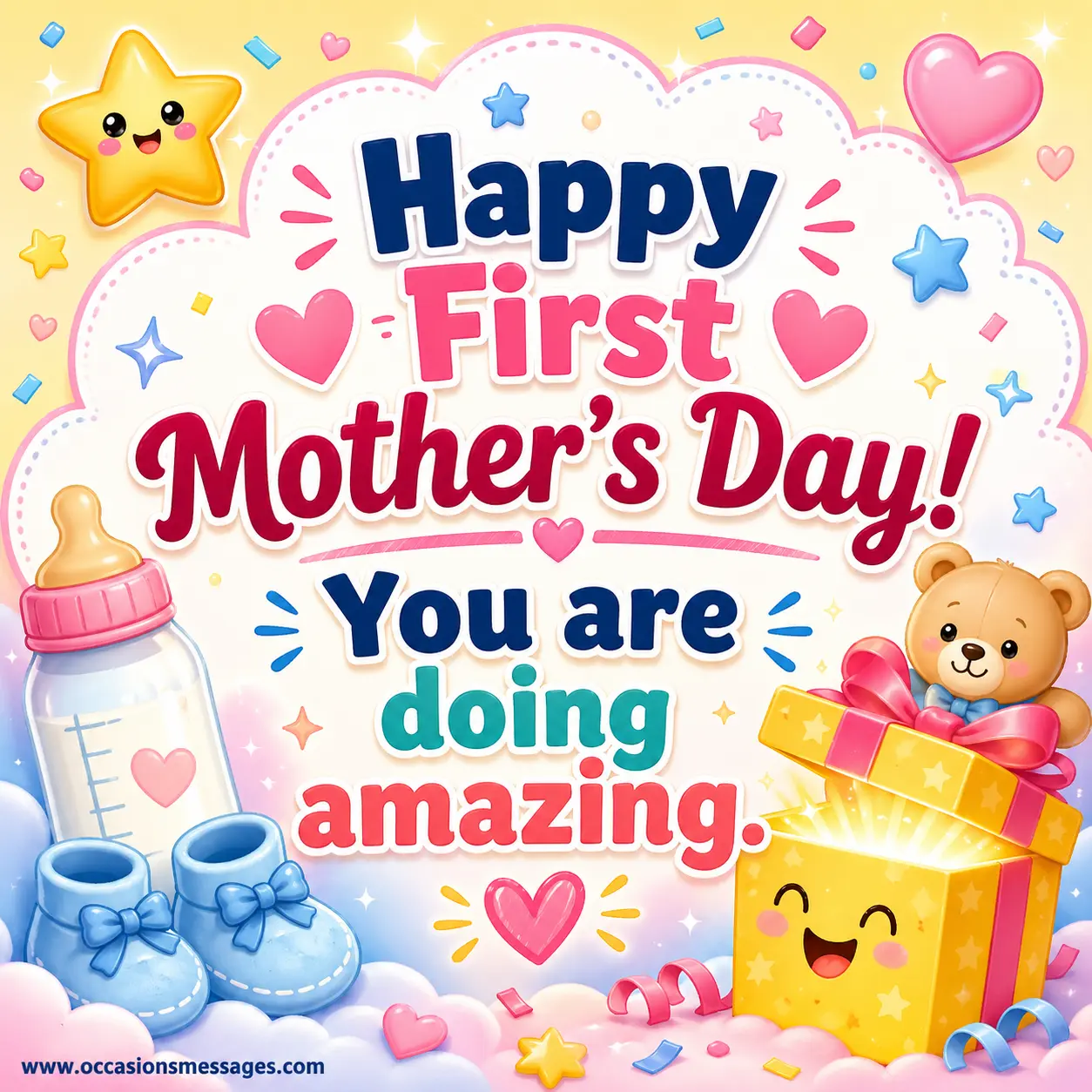 Playful cartoon illustration with a glowing gift box and baby-themed elements celebrating a joyful first Mother's Day message.