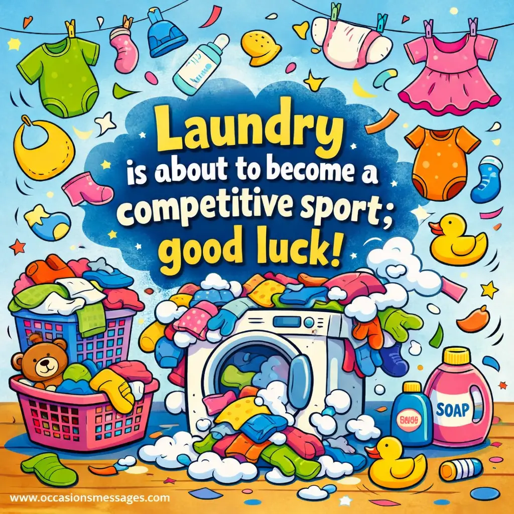 Fun cartoon illustration of chaotic baby laundry with colorful clothes and a playful quote about parenting humor and preparation.