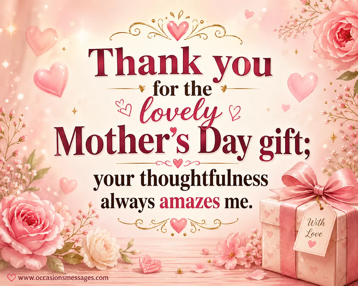 Warm illustrated scene of a Mother’s Day gift with soft hearts and flowers expressing gratitude for a thoughtful present