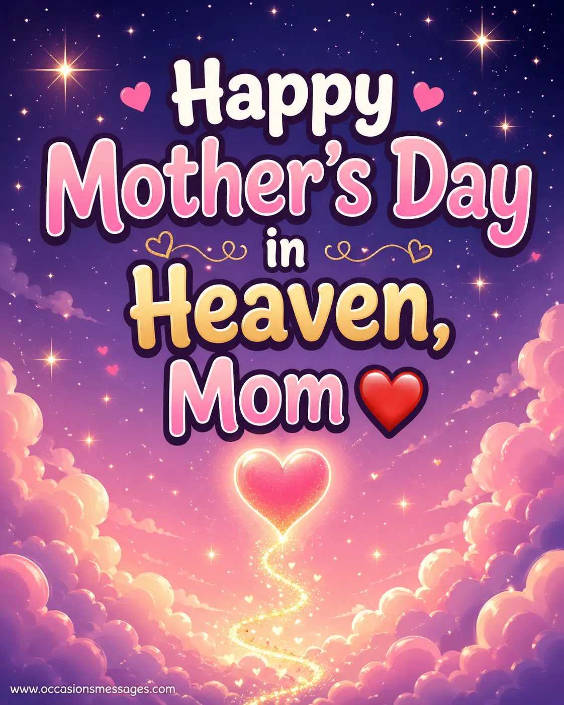 A cartoon-style glowing heart rising into a starry sky celebrating Mother's Day in heaven with warmth and love.