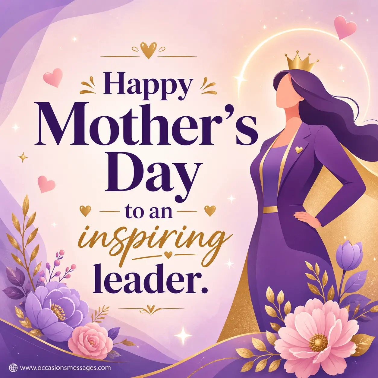 Stylized illustration of an inspiring female leader with soft glowing elements and flowers, featuring a heartfelt Mother's Day quote honoring leadership and motherhood.