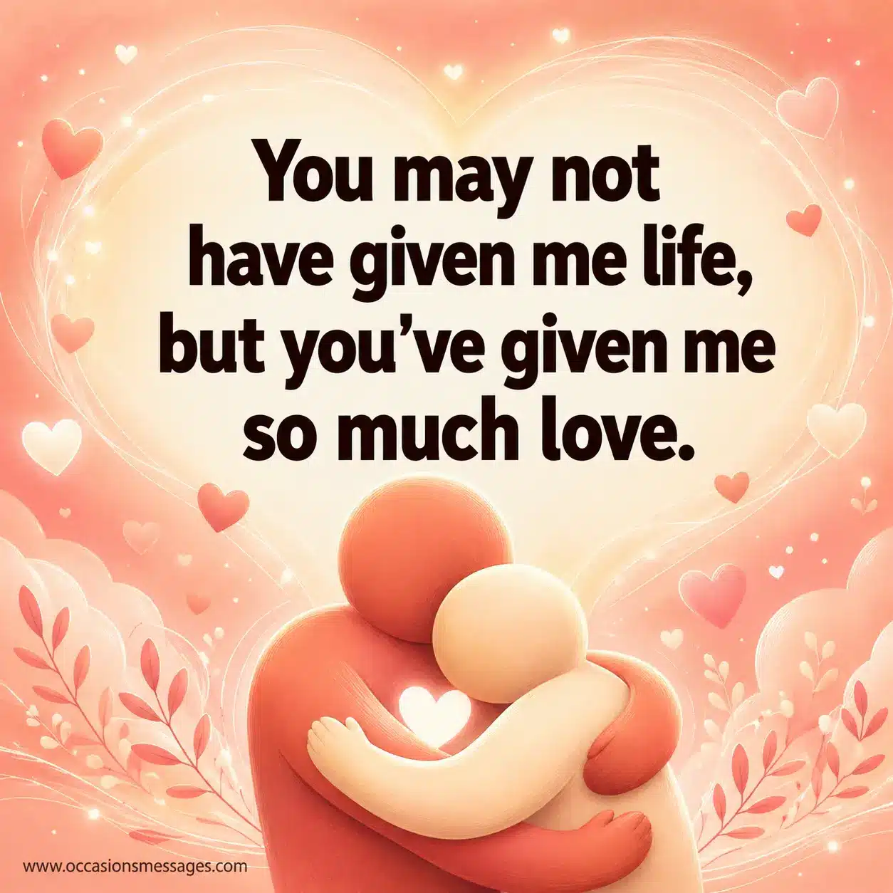Like a Mom Mother’s Day Messages. A warm stylized illustration of two figures embracing with glowing hearts, representing unconditional love beyond biological ties.