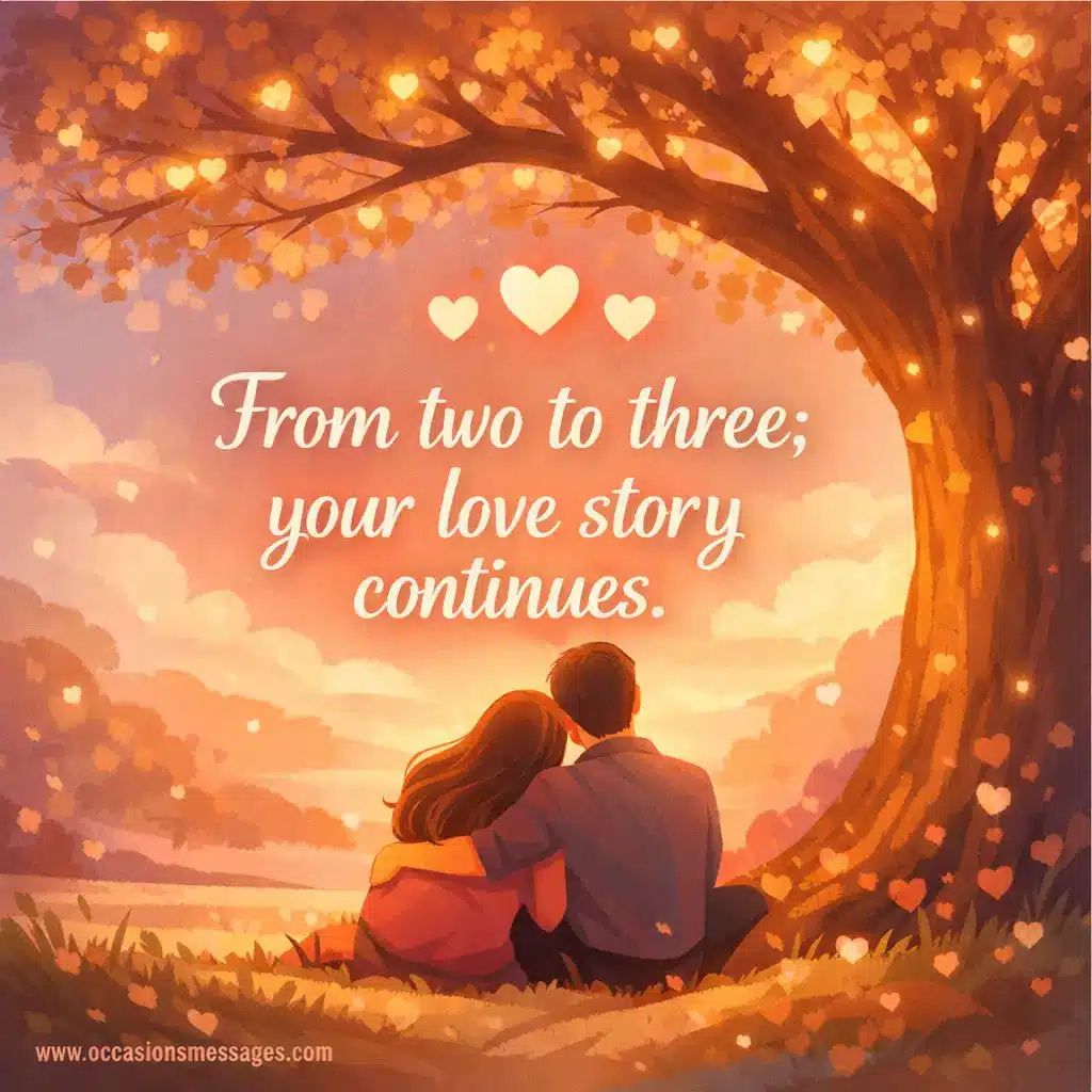 Stylized romantic illustration of a couple under a glowing tree with hearts representing a growing family, featuring a heartfelt quote about love expanding from two to three.