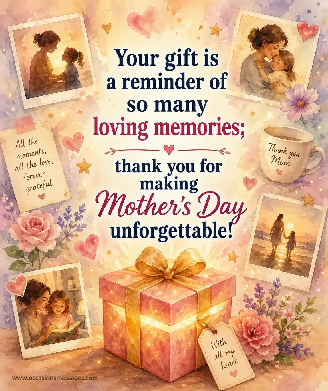 Watercolor style illustration of a gift surrounded by memory symbols representing cherished moments and heartfelt thanks