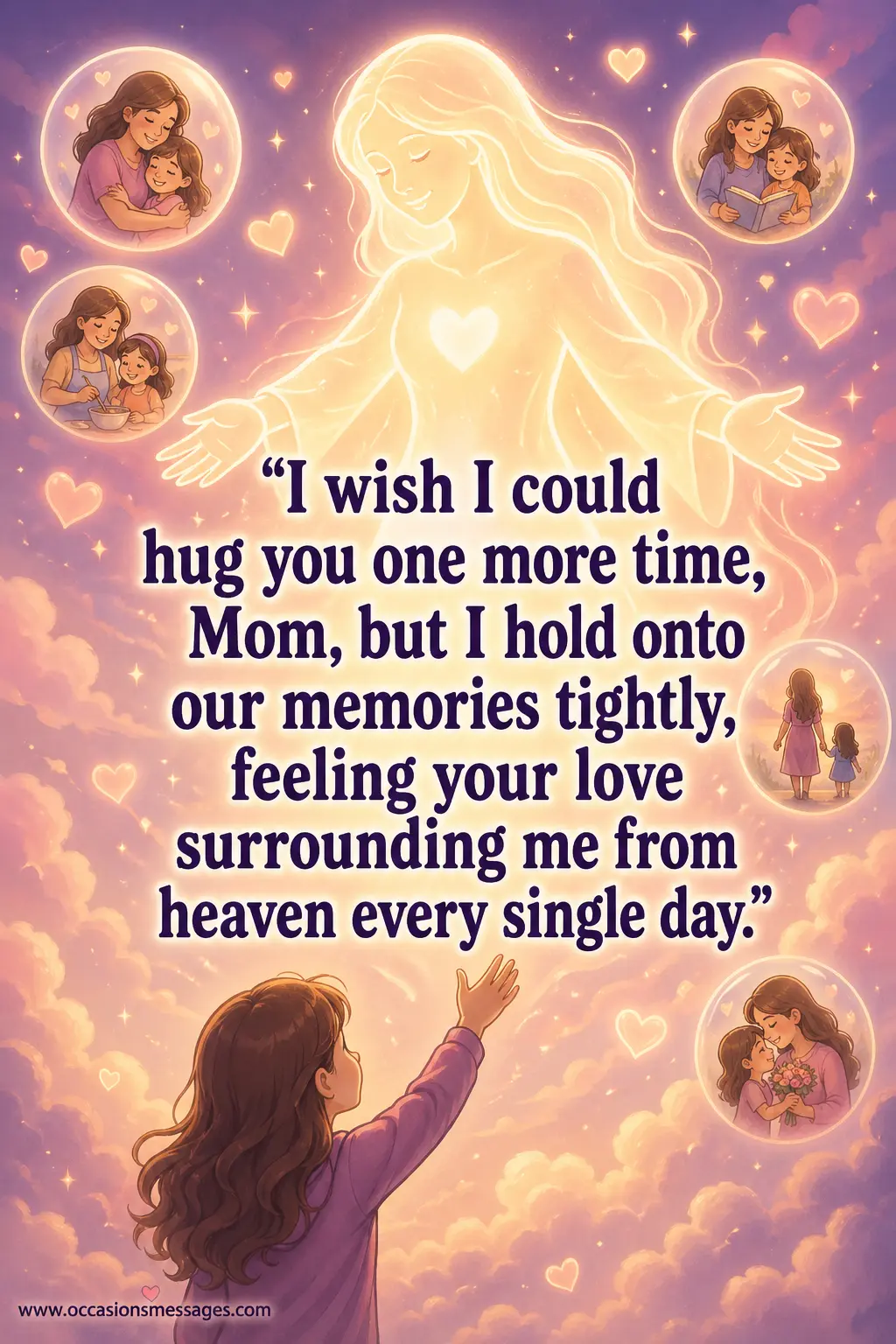 A dreamy illustration showing a daughter reaching toward a glowing mother figure in the sky, expressing longing and cherished memories.