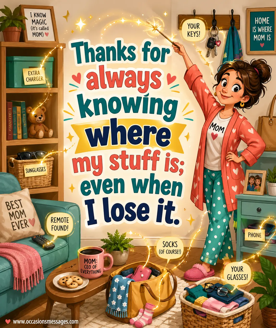 A playful cartoon home scene showing a caring mother figure magically finding lost items, highlighting a humorous appreciation message.