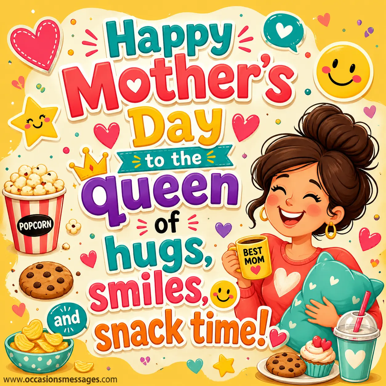 Colorful cartoon illustration of a joyful mom surrounded by playful elements highlighting hugs, smiles, and fun moments with a cheerful quote.