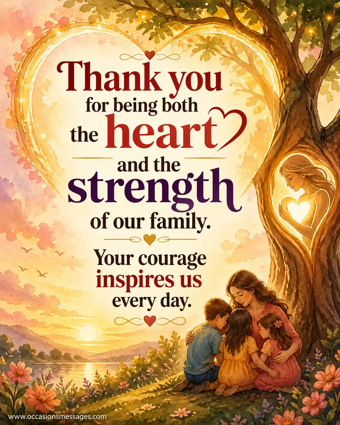 Watercolor illustration of a symbolic mother as a heart and tree showing strength and love with a heartfelt Mother’s Day quote about courage and family support.