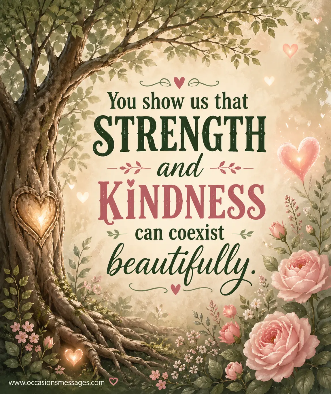 Whimsical art featuring a strong tree blended with flowers and soft light, representing strength and kindness with a meaningful Mother's Day quote.