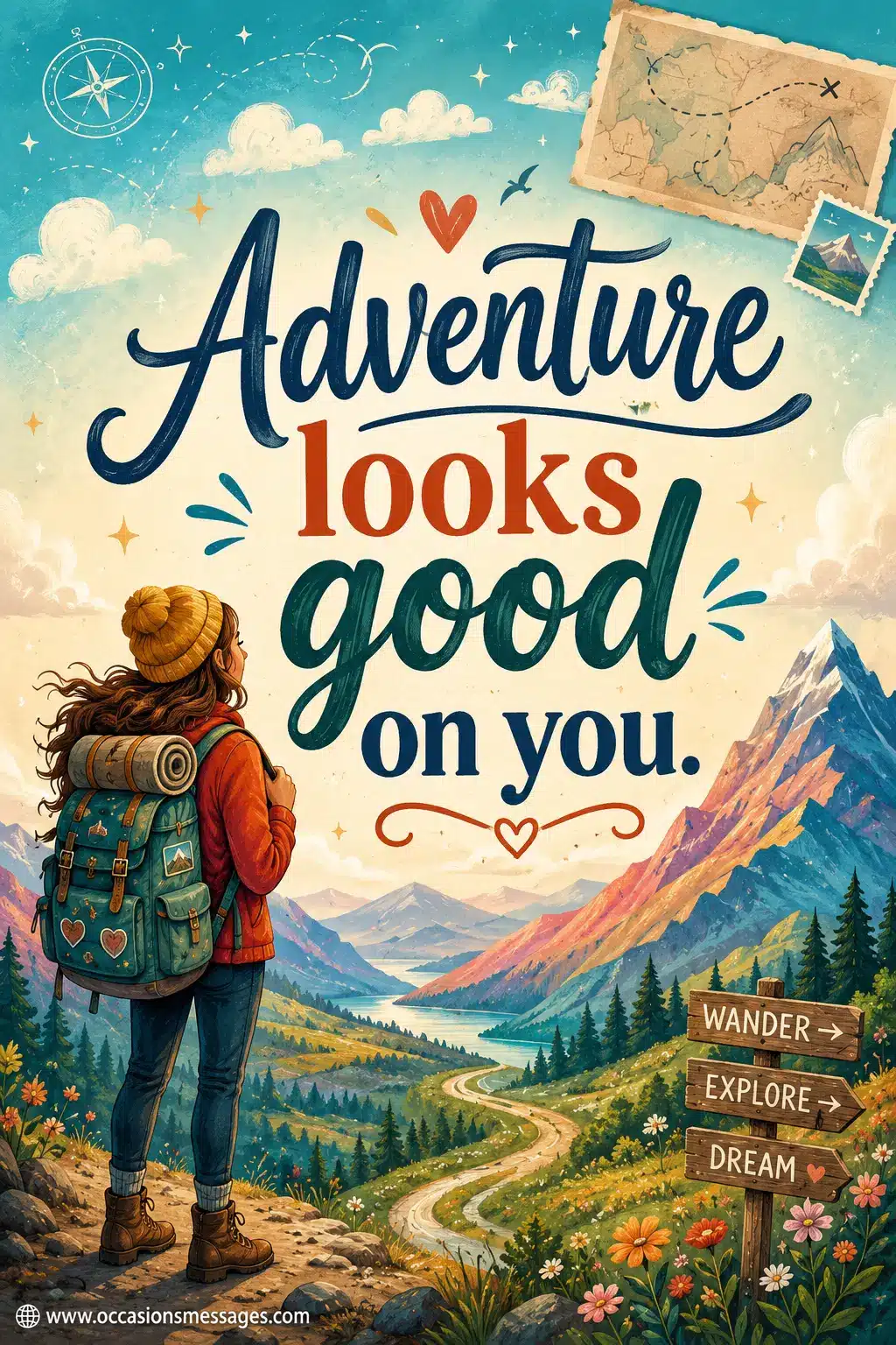 Inspirational illustrated travel quote image showing a colorful adventurous scene with mountains and a traveler, featuring the message about adventure looking good on someone.
