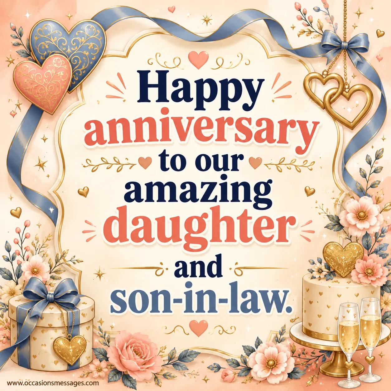Festive anniversary celebration design honoring an amazing daughter and son-in-law with decorative hearts, sparkling accents, and joyful family appreciation.