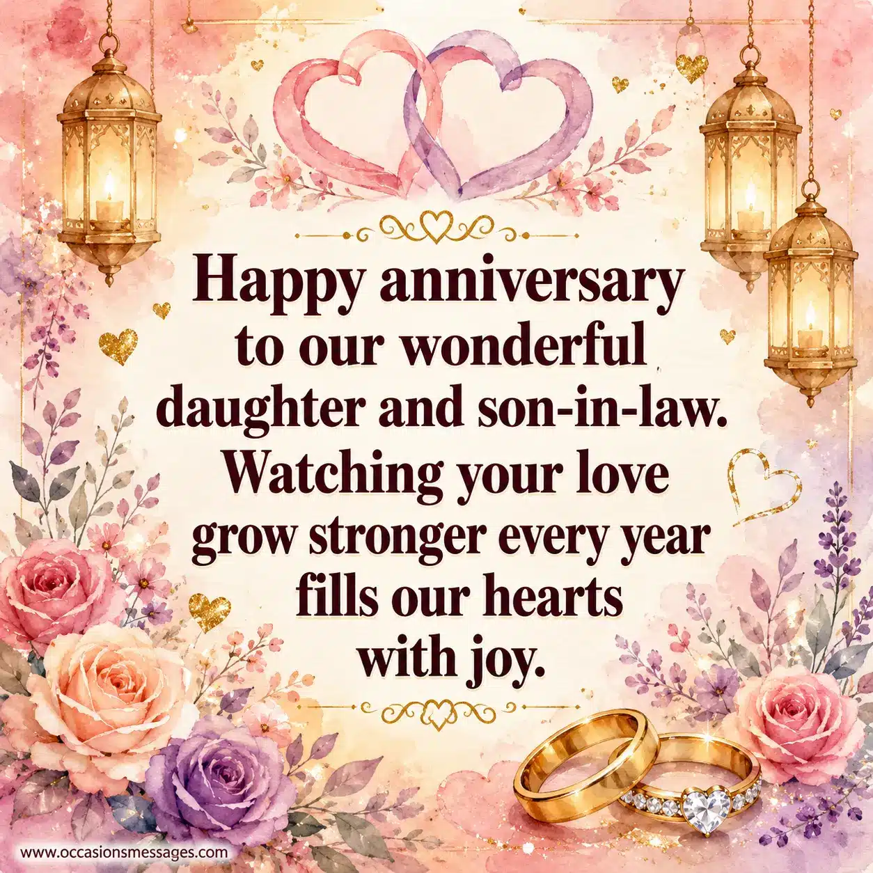 Love-filled anniversary quote image celebrating a daughter and son-in-law whose relationship grows stronger every year, featuring watercolor flowers, hearts, and warm family emotions.