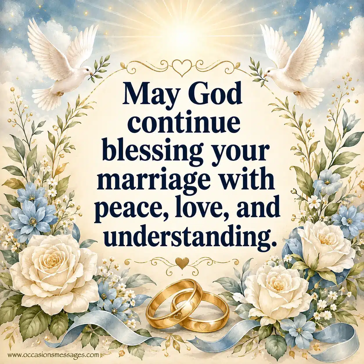 Spiritual wedding anniversary illustration with peaceful blessings, glowing light, elegant rings, and a heartfelt message wishing peace, love, and understanding.