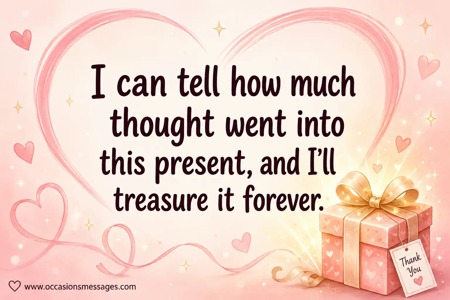 5. Tender gift-themed illustration with glowing present motifs and soft sparkles, expressing appreciation for a meaningful, well-thought-out gift.