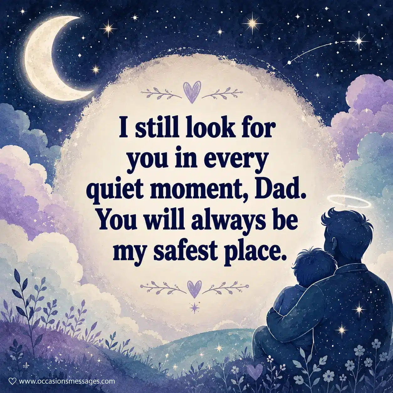 3. Peaceful Father's Day in Heaven artwork with moonlight and stars expressing emotional comfort and remembering dad as a safe place.