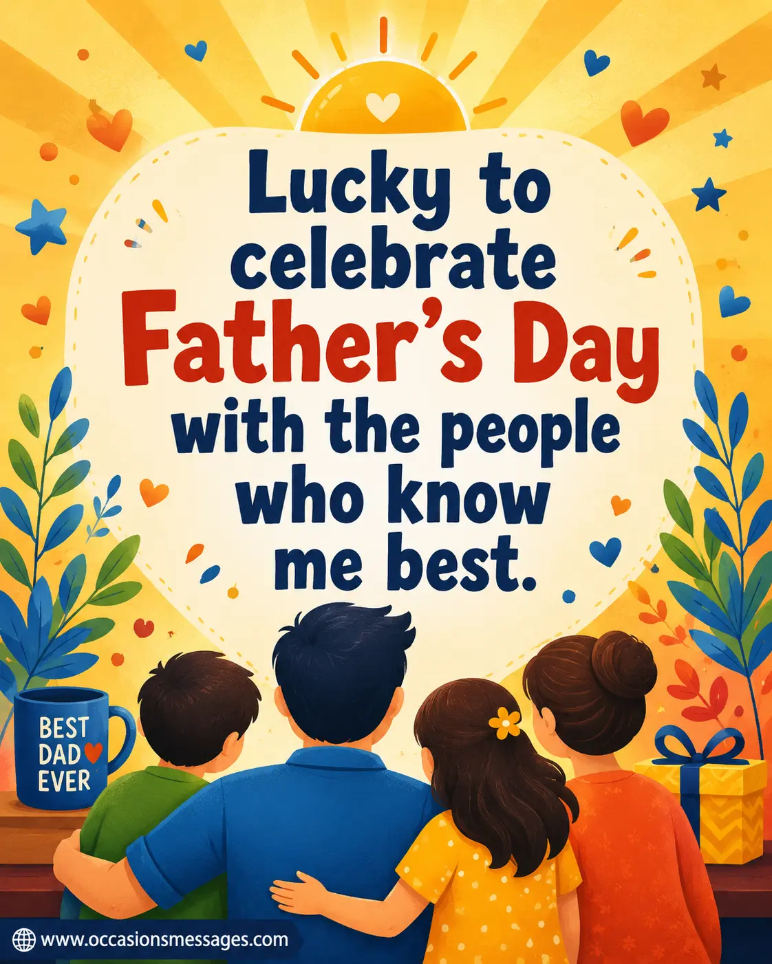 6. Joyful family-inspired illustration with celebratory abstract figures and warm colors, capturing the feeling of being lucky to celebrate Father's Day with loved ones.
