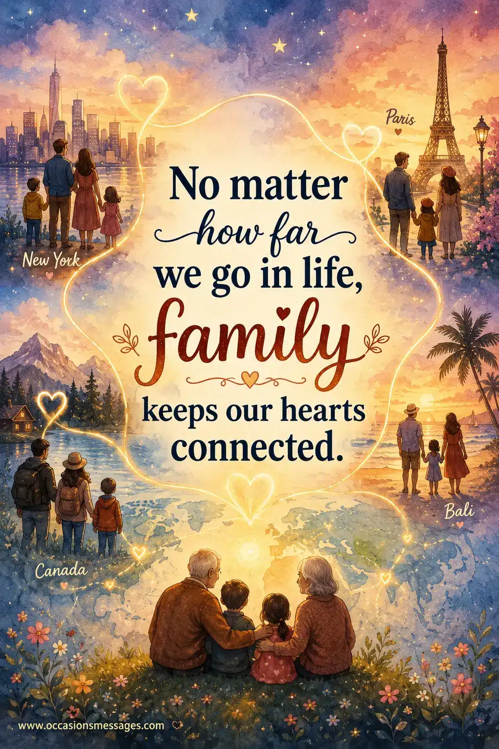 1. Watercolor family quote illustration showing connected hearts across long distances with an inspirational family bond message about staying emotionally connected.