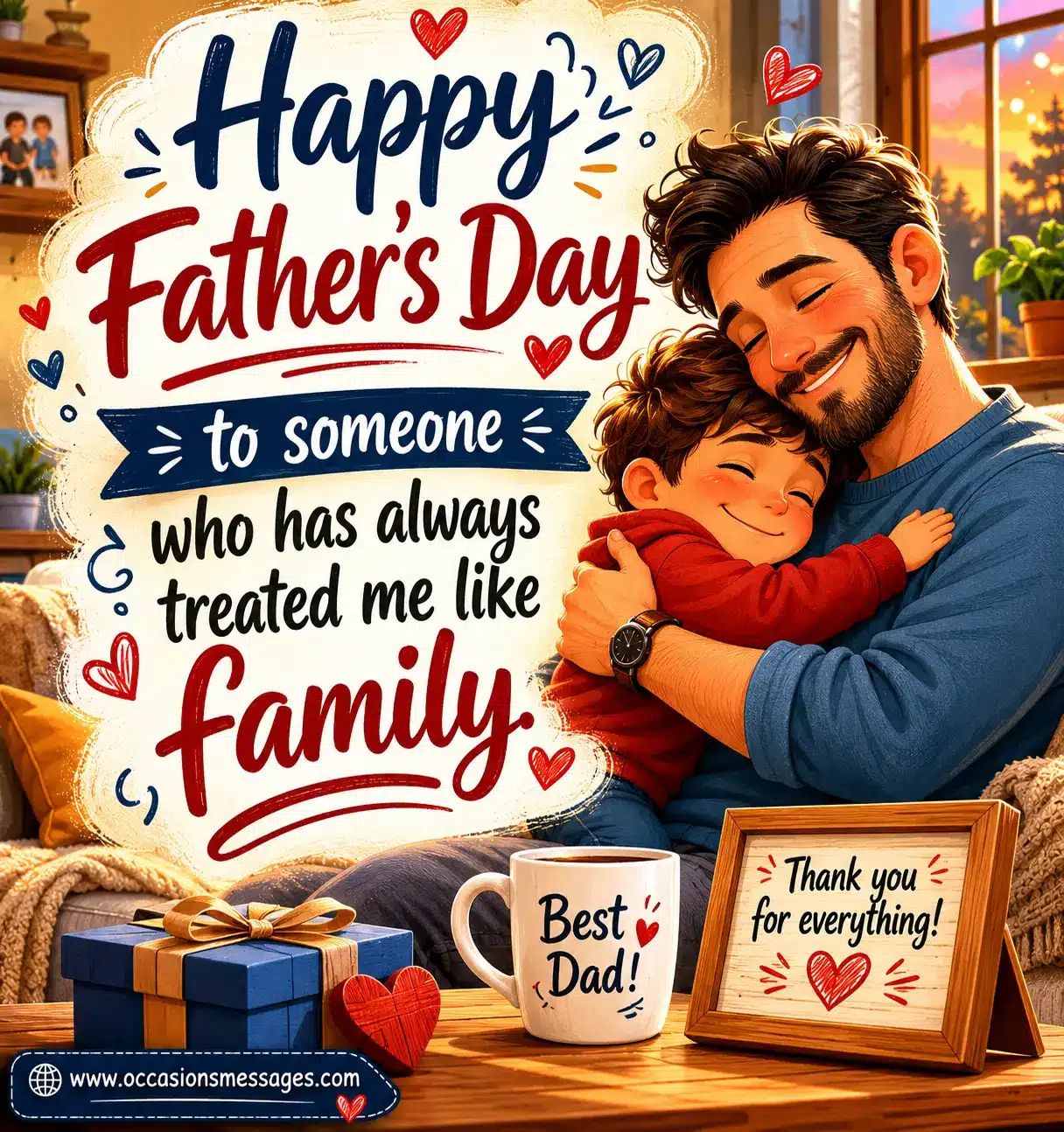 Cozy whimsical family-themed Father's Day illustration featuring a loving quote about being treated like family with soft warm cartoon artwork.