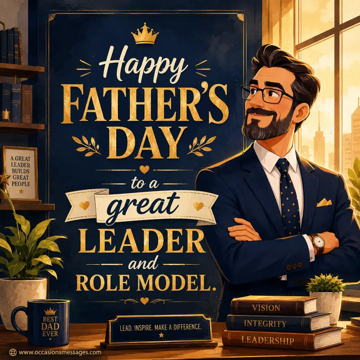 1. Inspirational illustrated Father's Day quote image for a boss featuring a warm office scene and leadership appreciation message about being a great leader and role model.