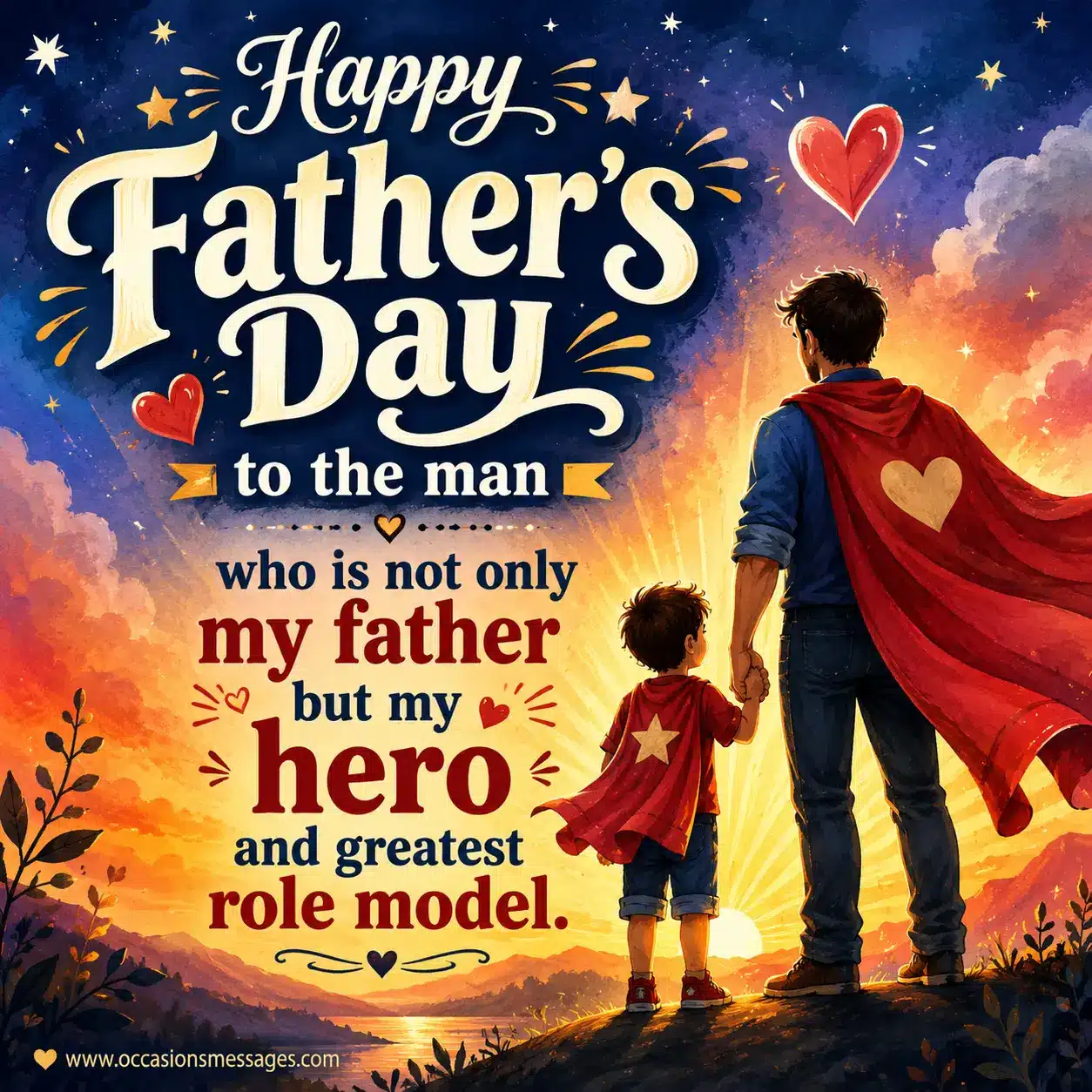 1. Stylized Father's Day illustration featuring a heroic father figure and emotional quote about a dad being a hero and role model with warm sunset colors and whimsical family art.