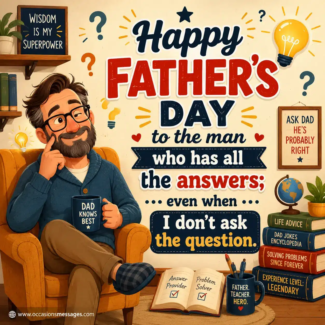 2. Playful cartoon-style Father's Day quote image celebrating a wise dad who always has the answers with cheerful illustrated books and glowing lightbulb elements.