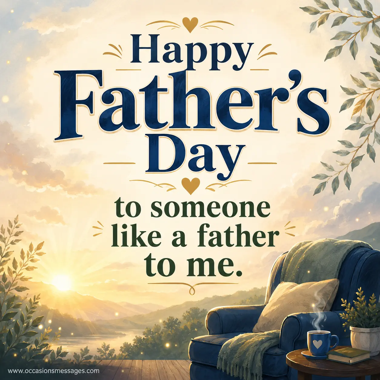 3. Soft digital painting Father's Day quote image with a peaceful sunrise and emotional appreciation message for someone who feels like a father.