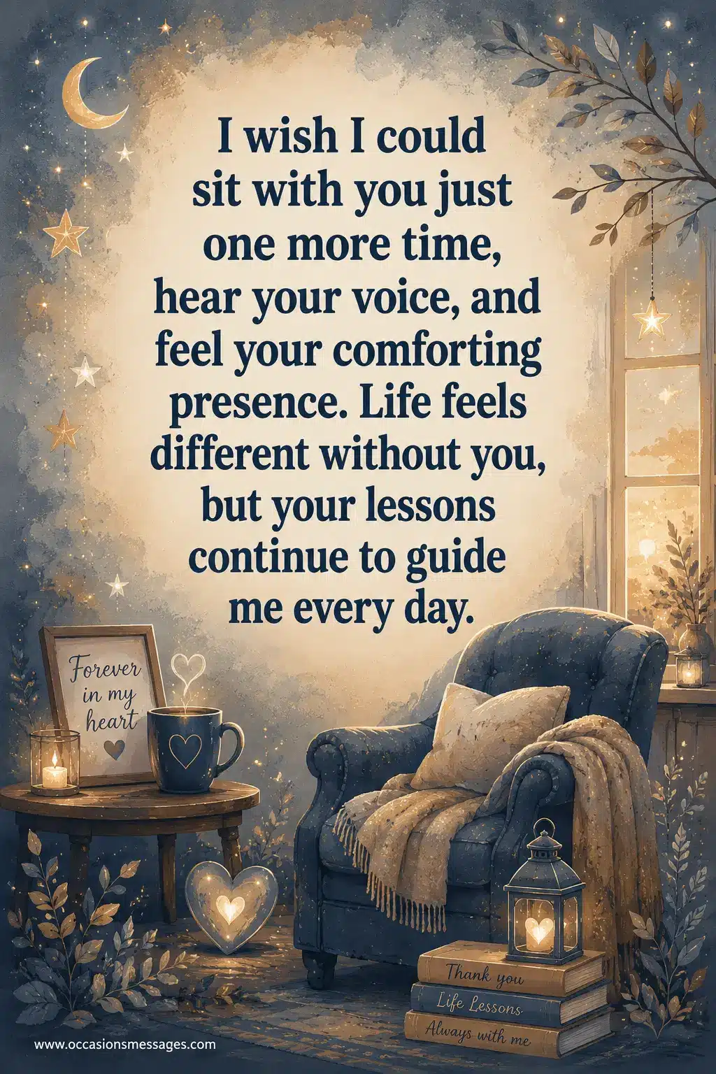 2. Memorial Father's Day social media quote image featuring a cozy remembrance scene symbolizing guidance, love, and cherished memories of dad.