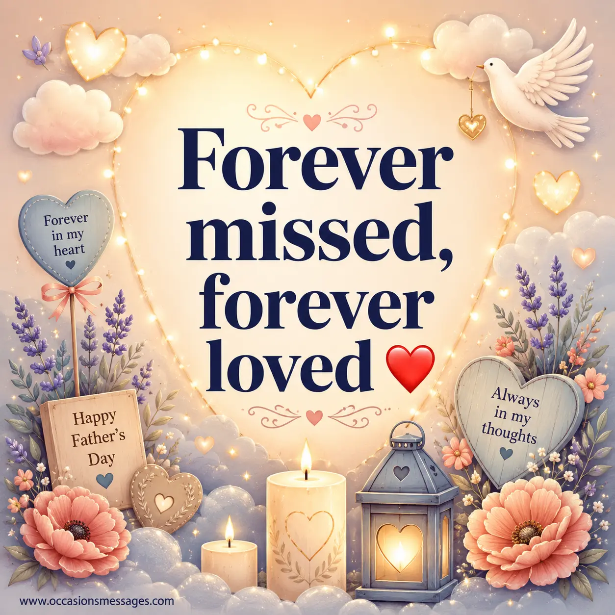 5. Heartfelt memorial quote image with candles, glowing hearts, and soft floral elements expressing forever missed and forever loved emotions.