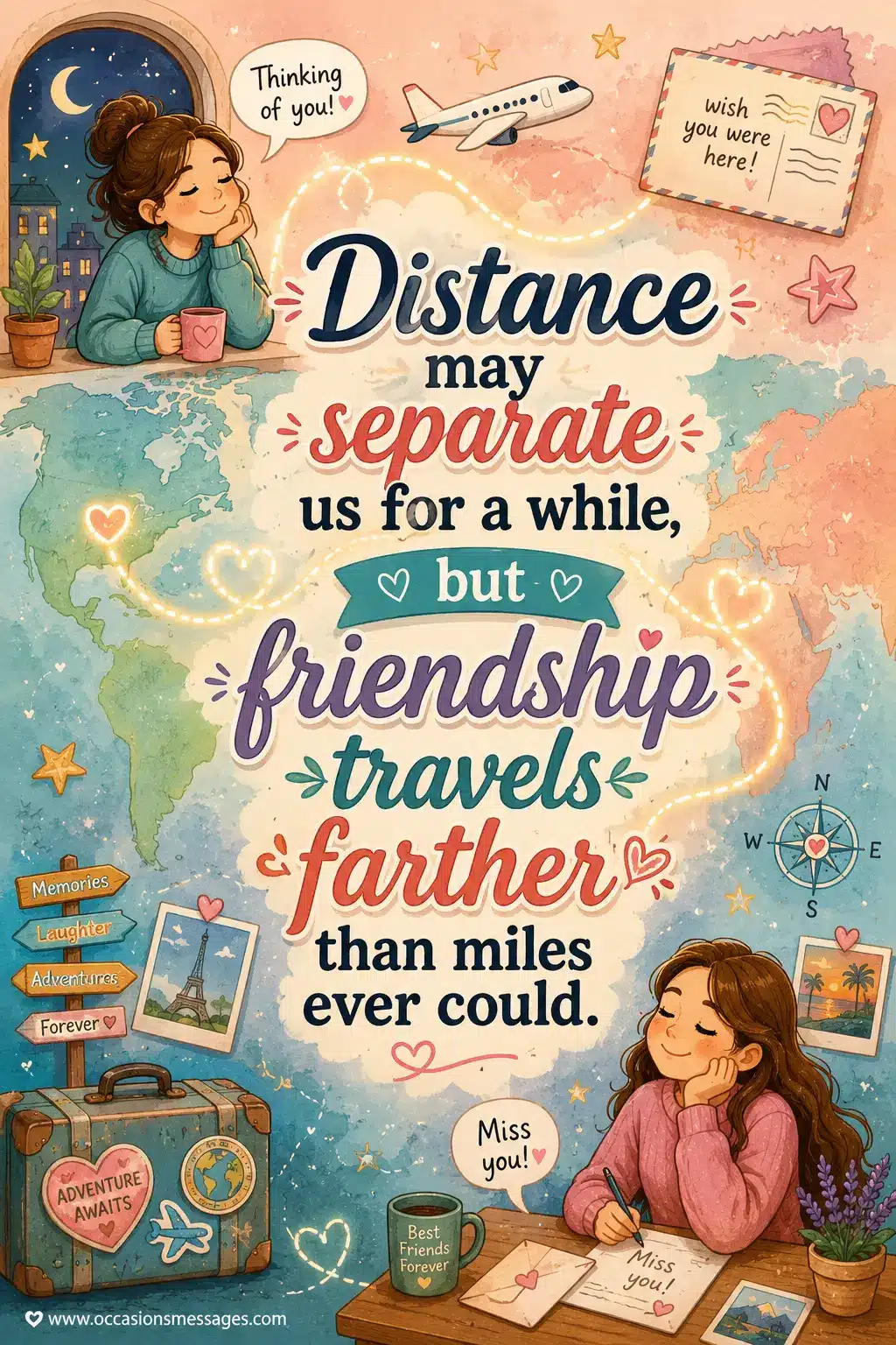 Emotional friendship travel illustration with whimsical map elements and long-distance friendship symbolism, highlighting a heartfelt quote about friendship traveling beyond miles.