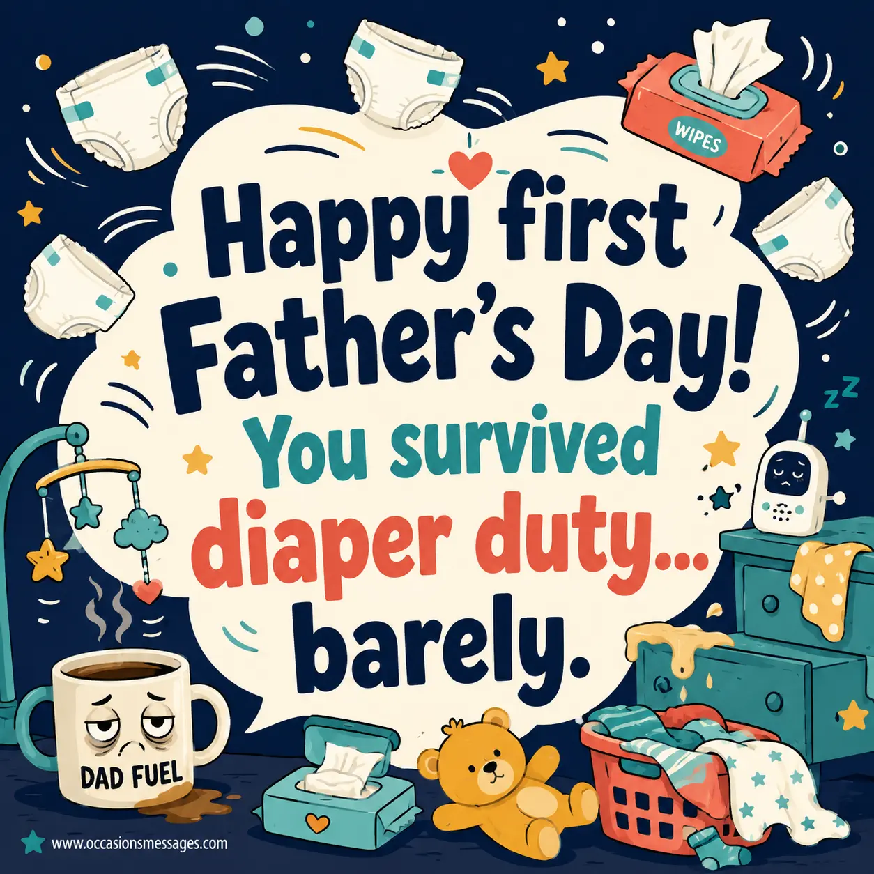 2. Funny first Father's Day cartoon illustration about surviving diaper duty with playful nursery chaos and humorous exhausted dad energy.