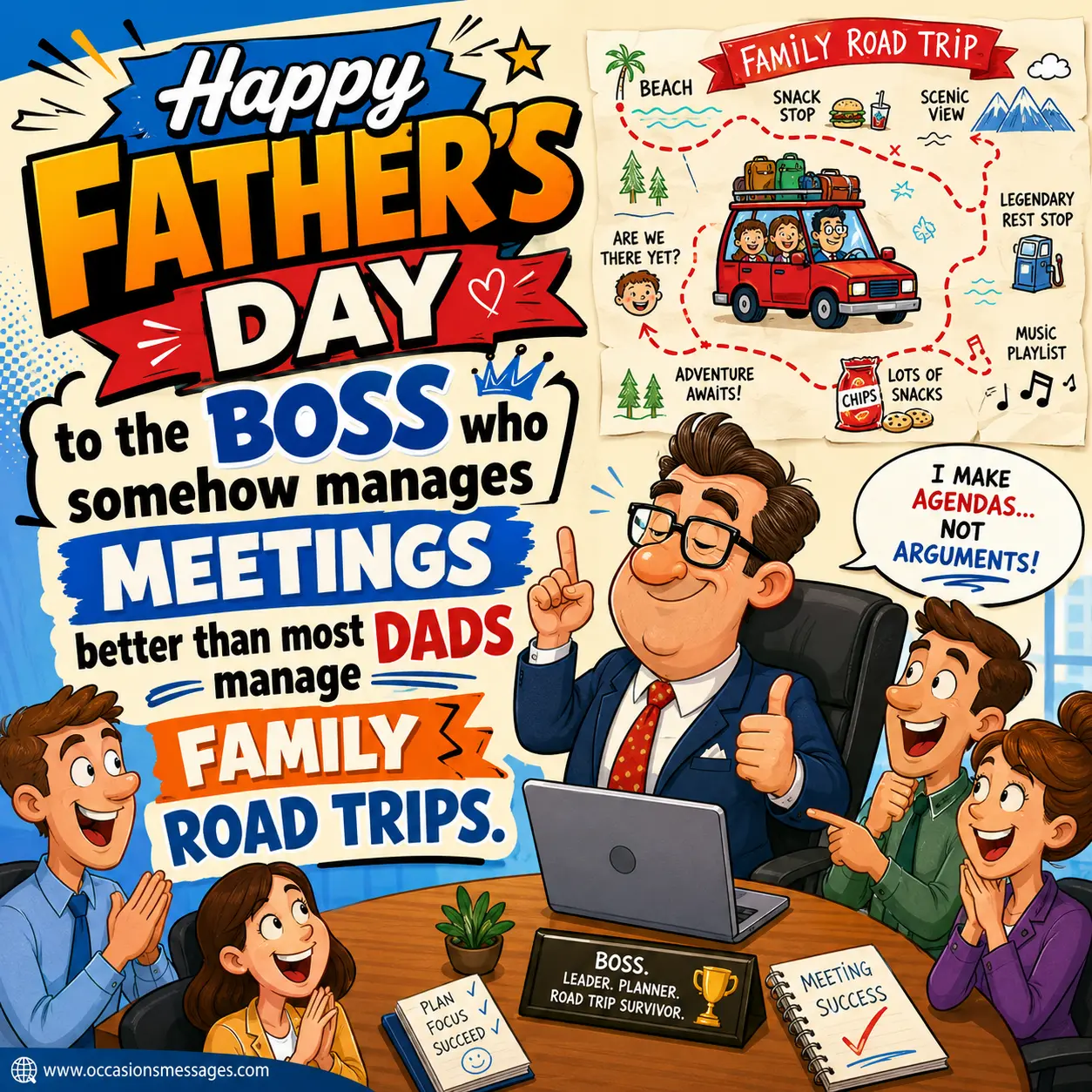 3. Funny cartoon Father's Day boss quote image showing a humorous office meeting illustration comparing leadership skills to family road trips.