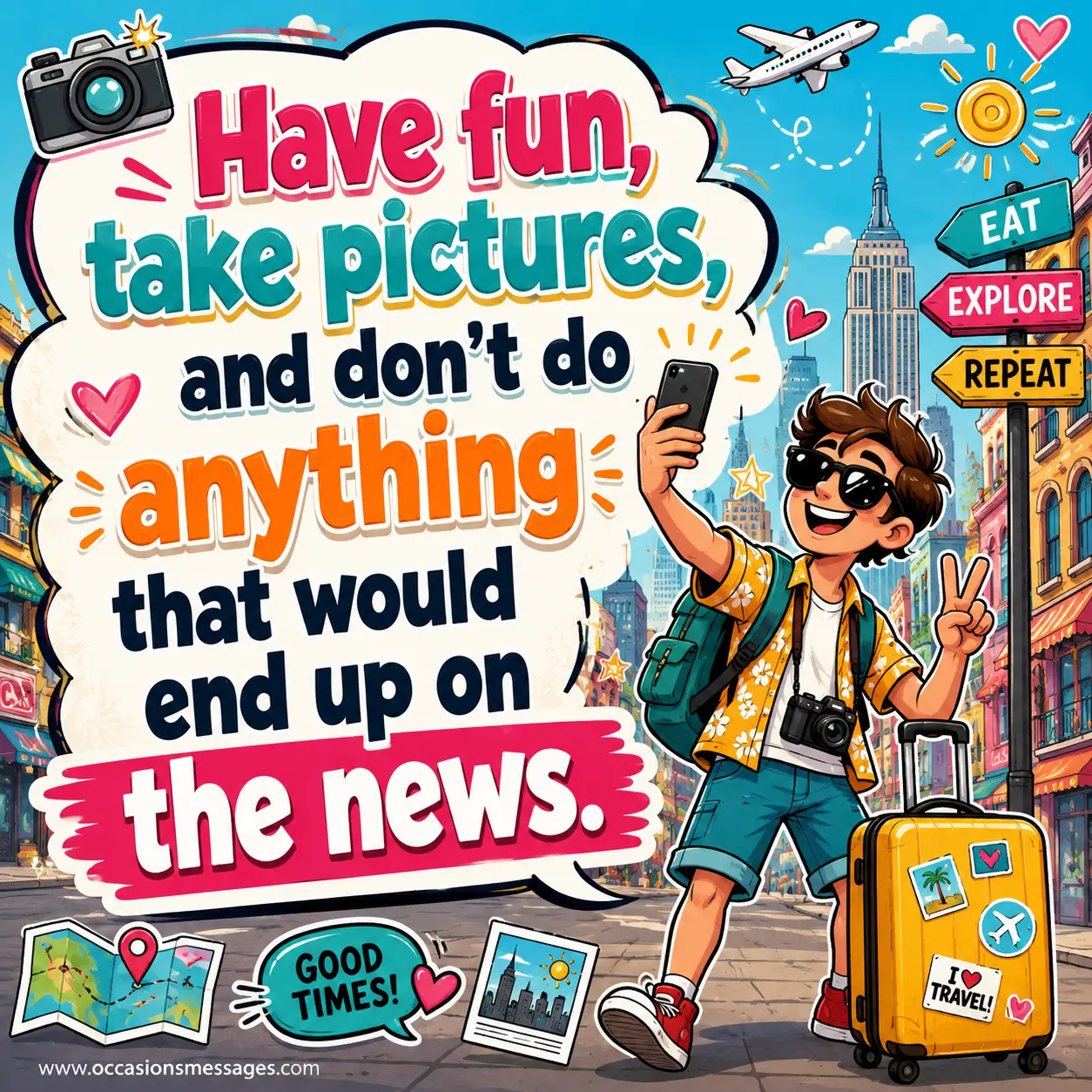 Funny cartoon travel quote image featuring a playful vacation scene with cameras and luggage, encouraging fun memories while staying out of trouble.