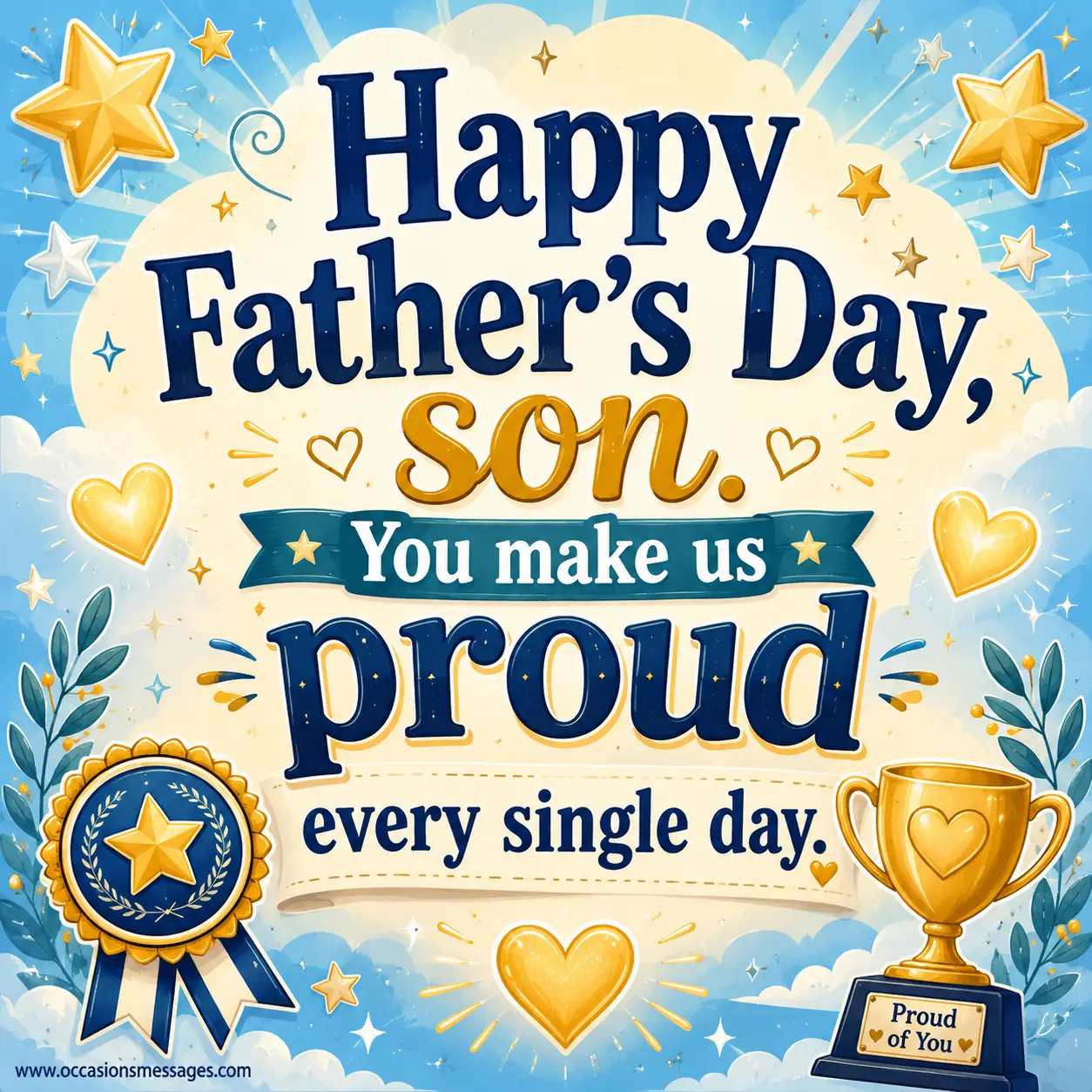 Inspirational Father's Day quote image showing symbolic generational guidance with books, lanterns, and a family legacy theme celebrating a son raising the next generation.