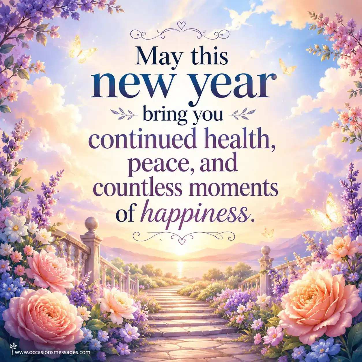 Inspirational birthday blessing illustration featuring peaceful nature scenery, health, happiness, and hopeful wishes for the year ahead.