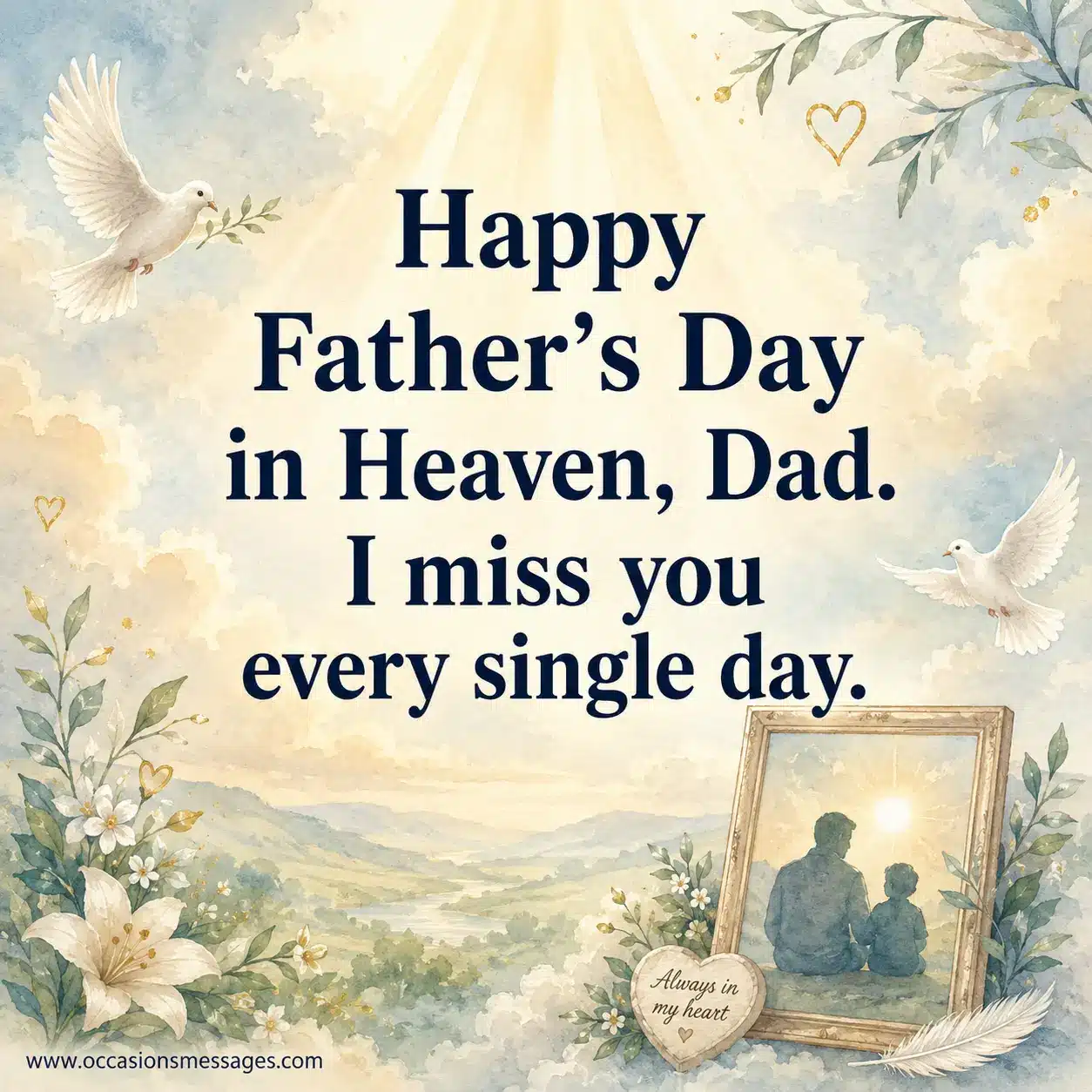 1. Emotional Happy Father's Day in Heaven quote illustration with glowing clouds and comforting heavenly sky honoring a missed father.