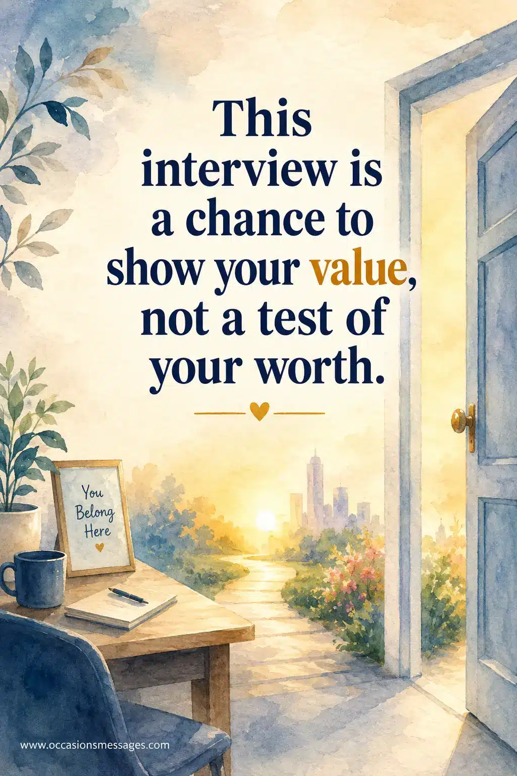 3. Artistic watercolor-style interview encouragement quote image symbolizing self-worth and personal value during a professional interview opportunity.