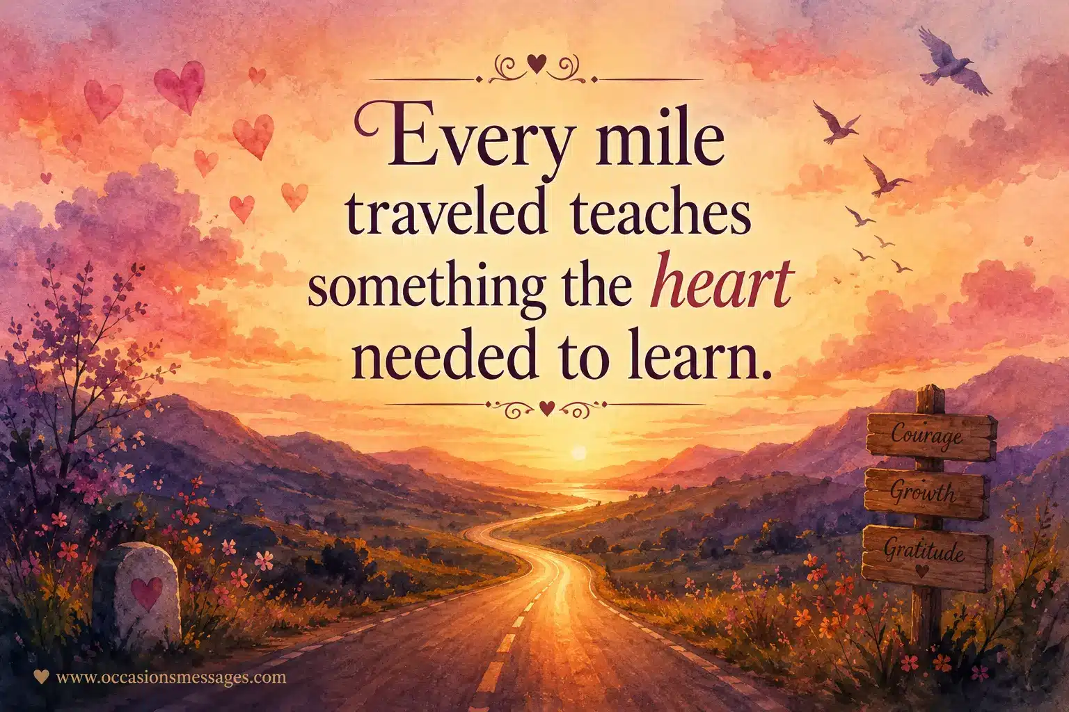 Artistic watercolor journey illustration with a peaceful road and sunset atmosphere, representing emotional growth and life lessons learned through travel.
