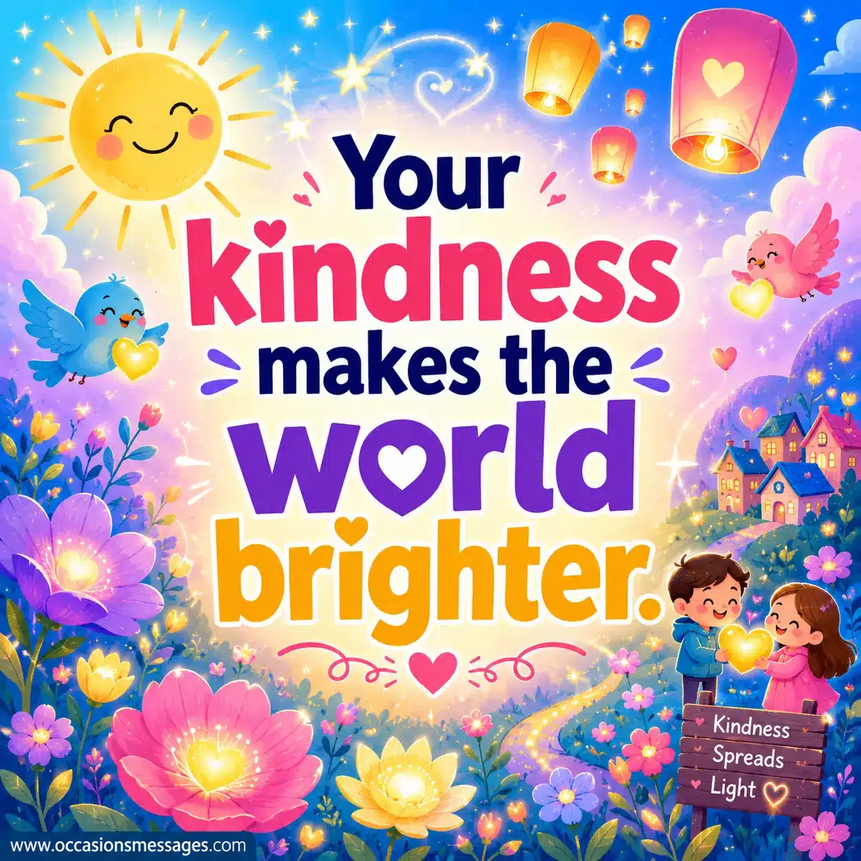3. Bright colorful kindness quote illustration with glowing cheerful elements symbolizing positivity, compassion, and making the world brighter.