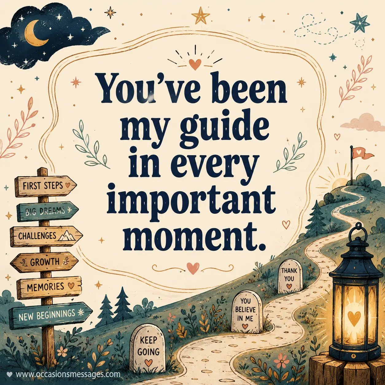 4. Hand-drawn inspirational illustration featuring a symbolic life path and glowing lantern representing guidance during important life moments.