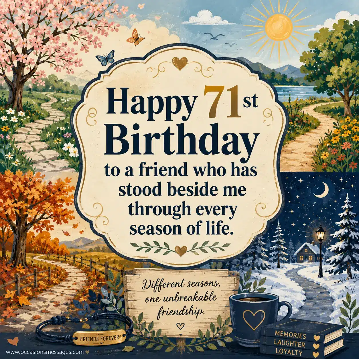 Friendship-themed 71st birthday illustration showing the journey of lifelong companionship through every season of life with meaningful artistic scenery.