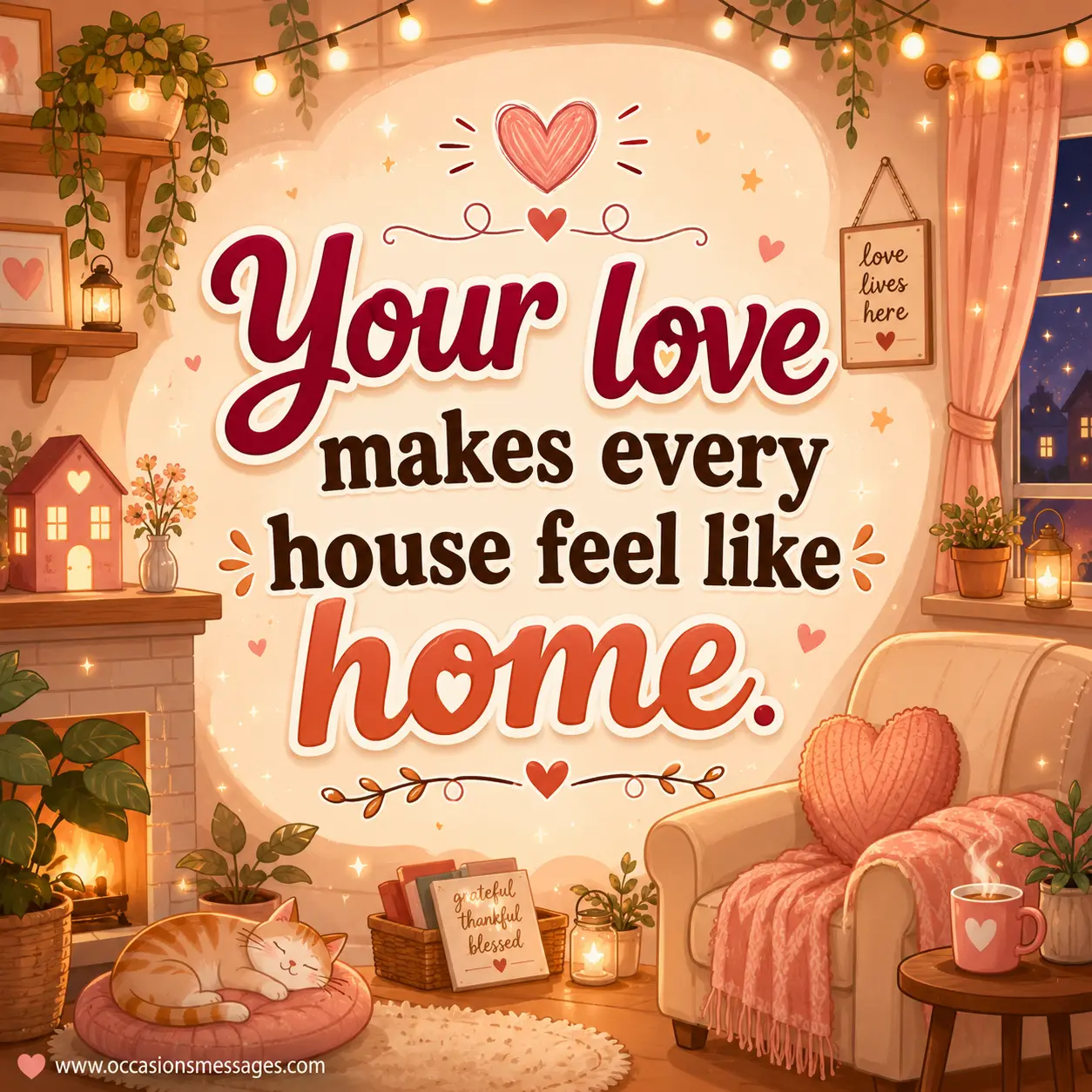 2. Cozy cartoon home illustration featuring a warm glowing house and heartfelt family love quote about making every house feel like home.
