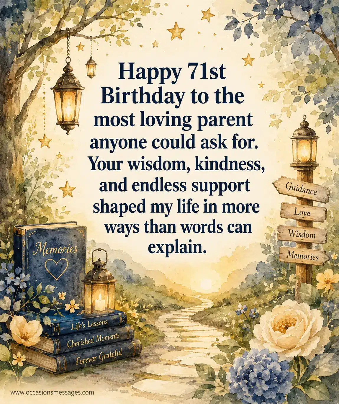 Watercolor birthday quote image honoring a loving parent on their 71st birthday with symbols of wisdom, guidance, family love, and lifelong support.