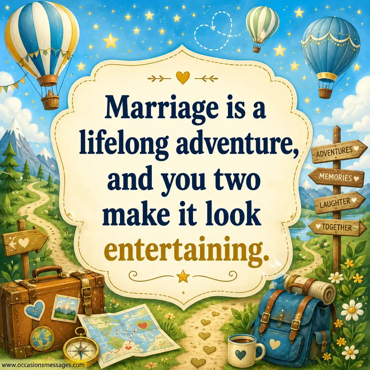 Whimsical marriage adventure illustration portraying a lifelong journey together with winding paths, stars, travel-inspired elements, and uplifting anniversary symbolism.