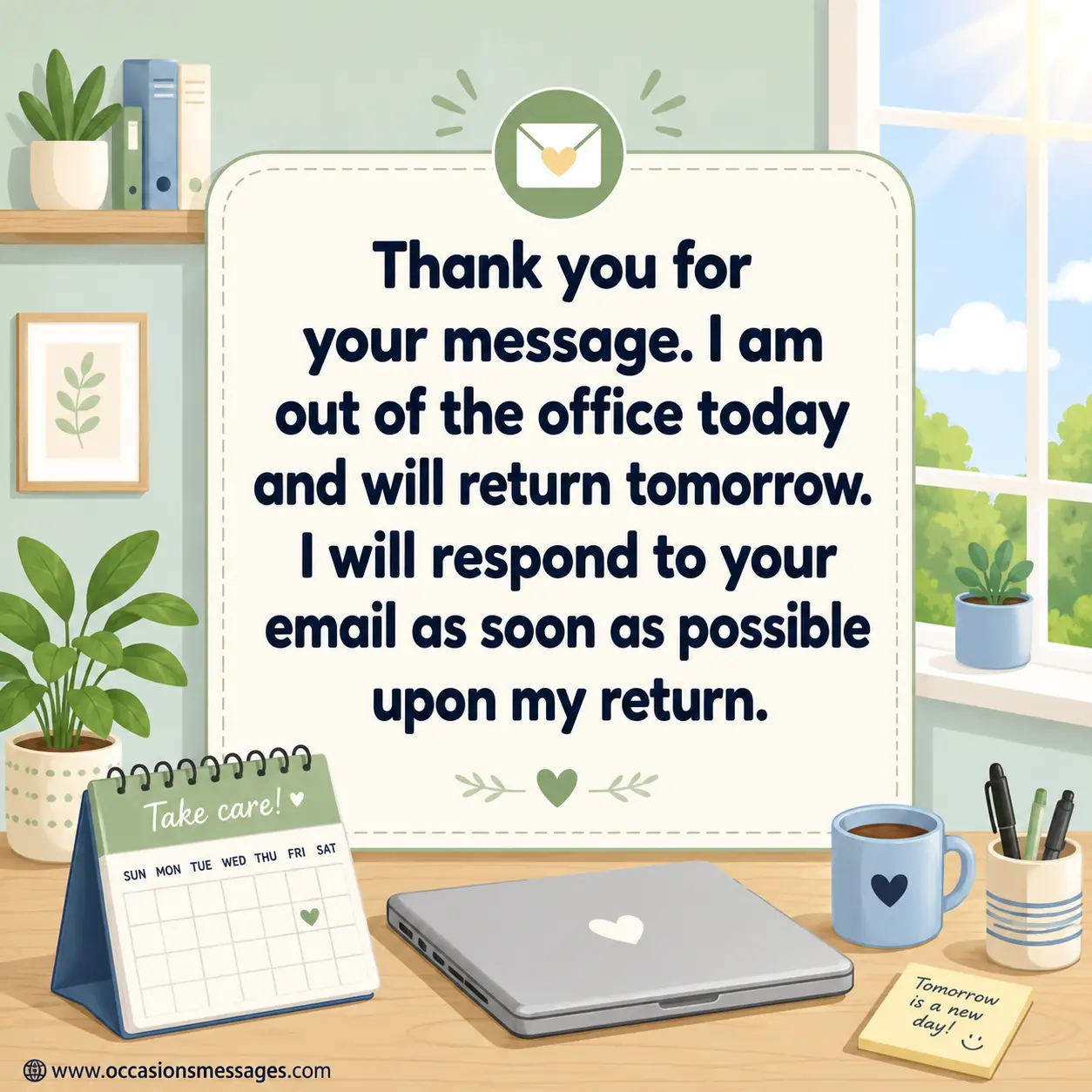 Flat vector office scene with a simple out of office today message displayed in bold text for professional social media sharing.