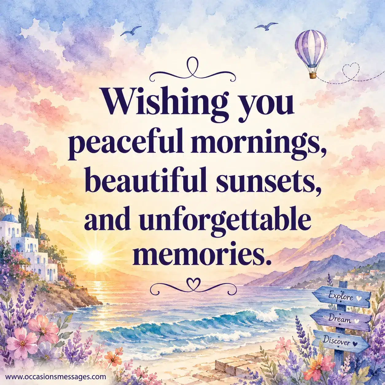 Peaceful vacation greeting image featuring sunrise and sunset scenery symbolizing relaxation, beautiful memories, and travel inspiration.
