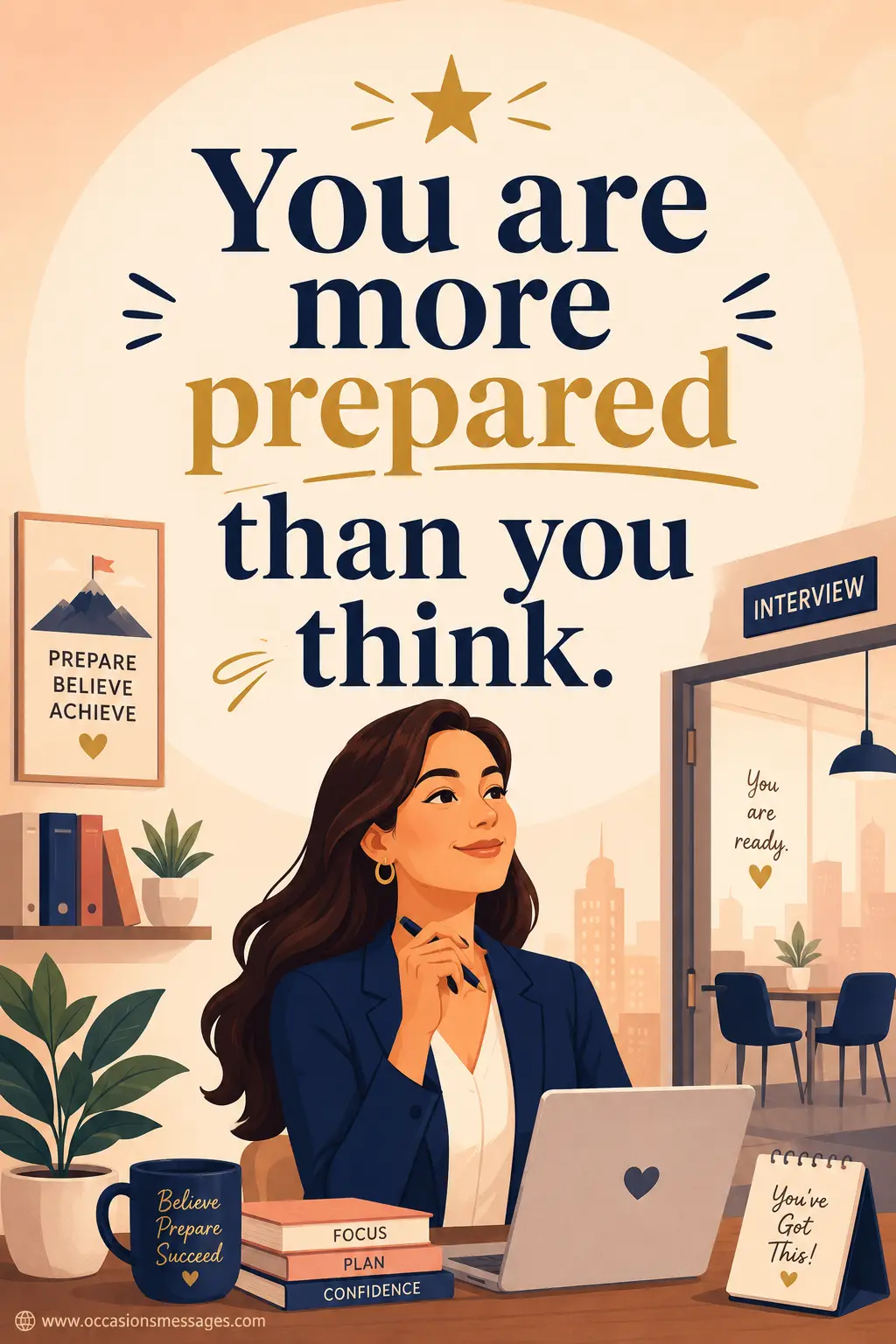 1. Motivational illustrated quote image encouraging job seekers with the message about being more prepared than they think, featuring a stylized office interview background and uplifting professional design.