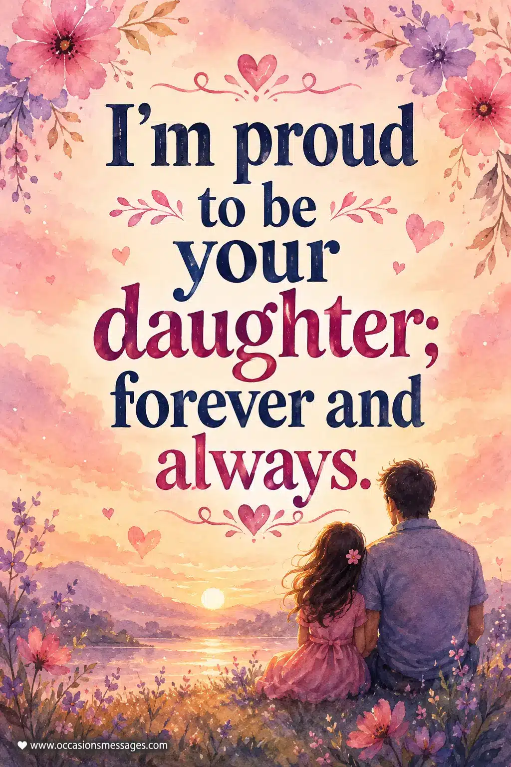 Watercolor-inspired daughter and father illustration featuring a touching forever bond quote with dreamy skies and emotional artistic details.
